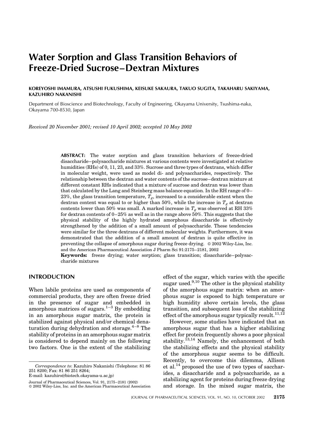 Water sorption and glass transition behaviors of freeze-dried sucrose-dextran mixtures by Unknown