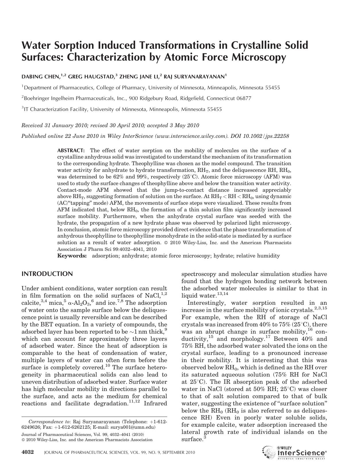 Water sorption induced transformations in crystalline solid surfaces: characterization by atomic force microscopy by Unknown