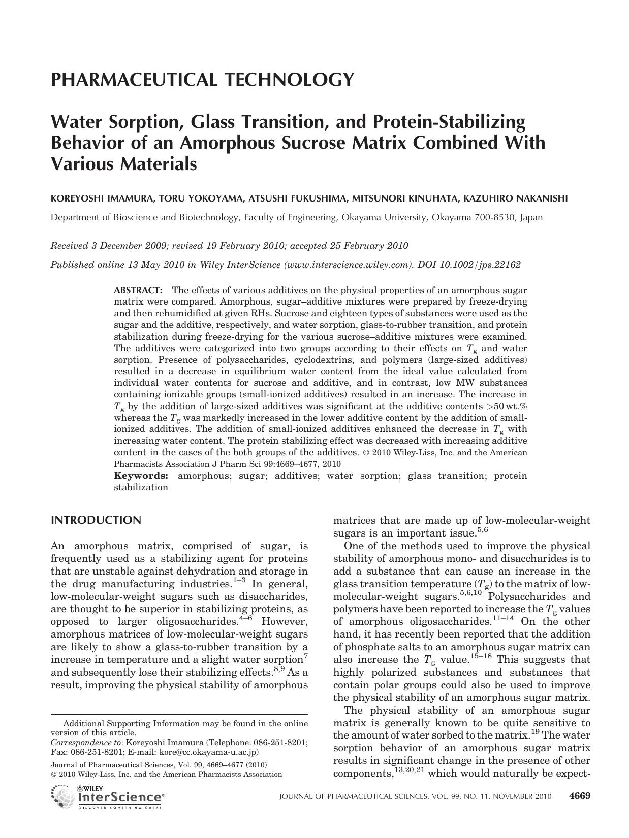 Water sorption, glass transition, and protein?stabilizing behavior of an amorphous sucrose matrix combined with various materials by Unknown