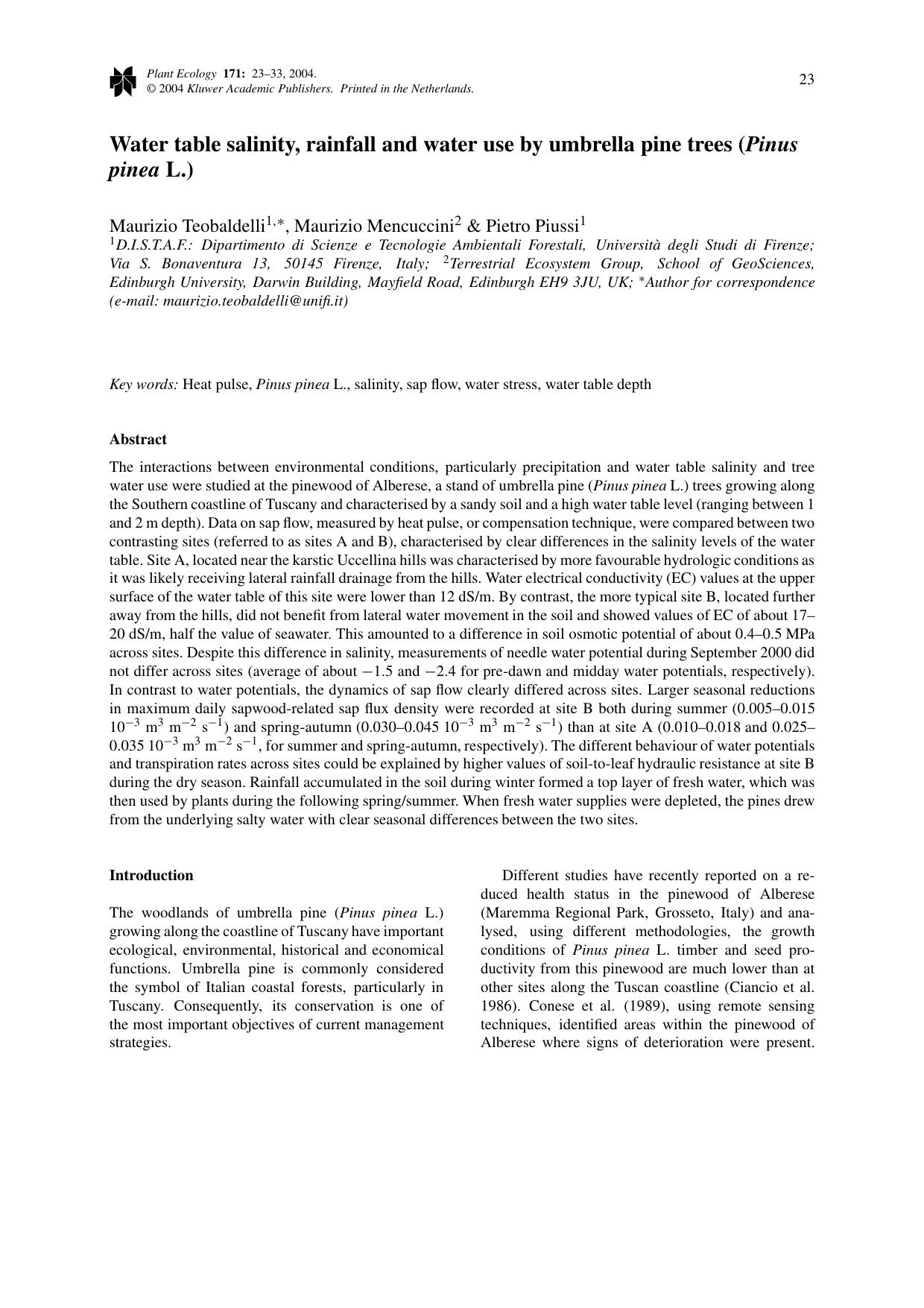 Water table salinity, rainfall and water use by umbrella pine trees (<Emphasis Type="Italic">Pinus pinea<Emphasis> L.) by Unknown