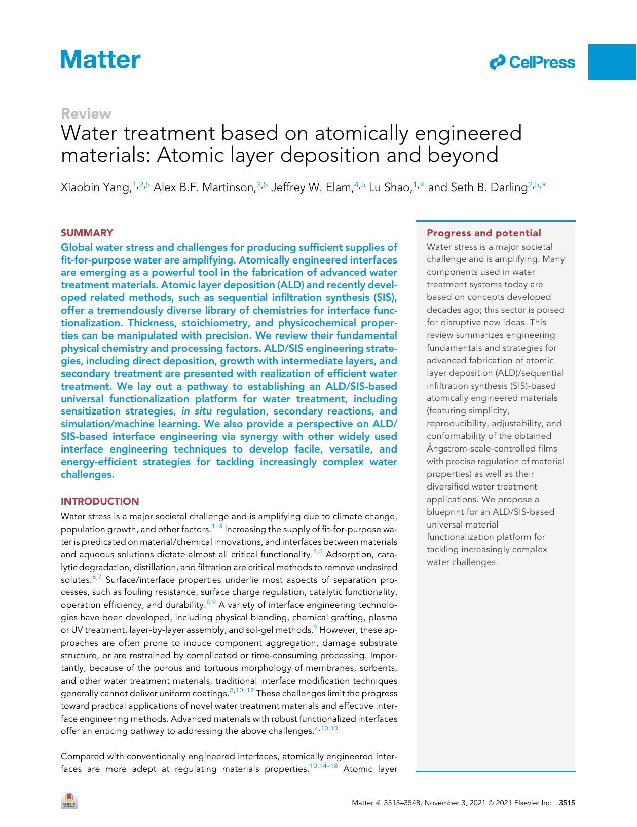 Water treatment based on atomically engineered materials: Atomic layer deposition and beyond by Xiaobin Yang & Alex B.F. Martinson & Jeffrey W. Elam & Lu Shao & Seth B. Darling