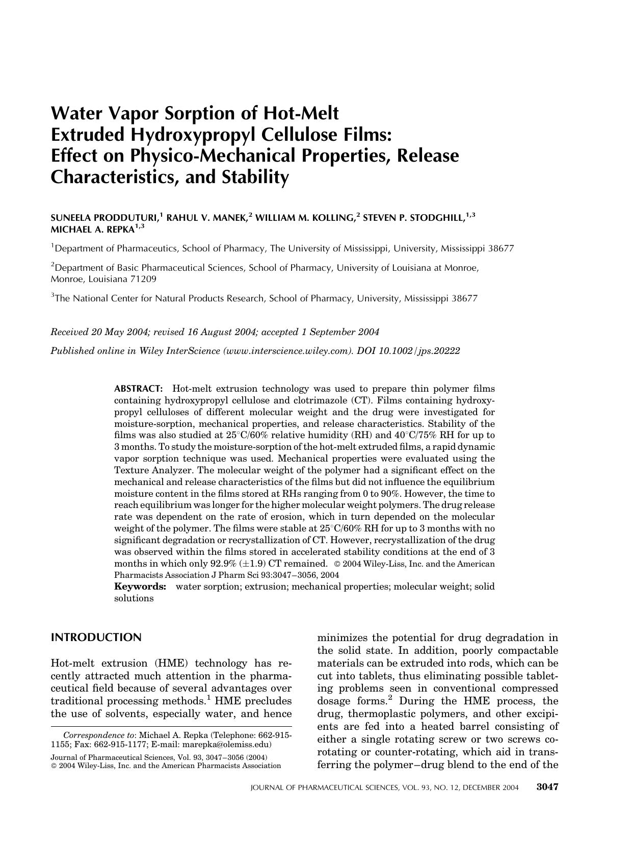 Water vapor sorption of hot-melt extruded hydroxypropyl cellulose films: Effect on physico-mechanical properties, release characteristics, and stability by Unknown