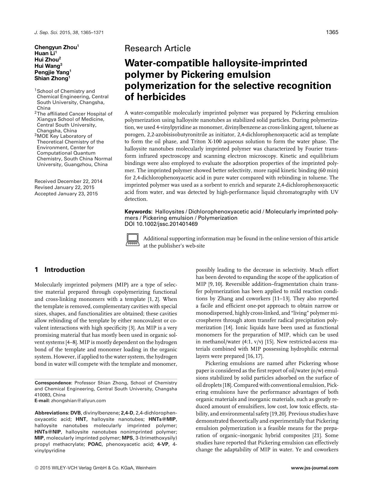Water&#x26;#x02010;compatible halloysite&#x26;#x02010;imprinted polymer by Pickering emulsion polymerization for the selective recognition of herbicides by Unknown