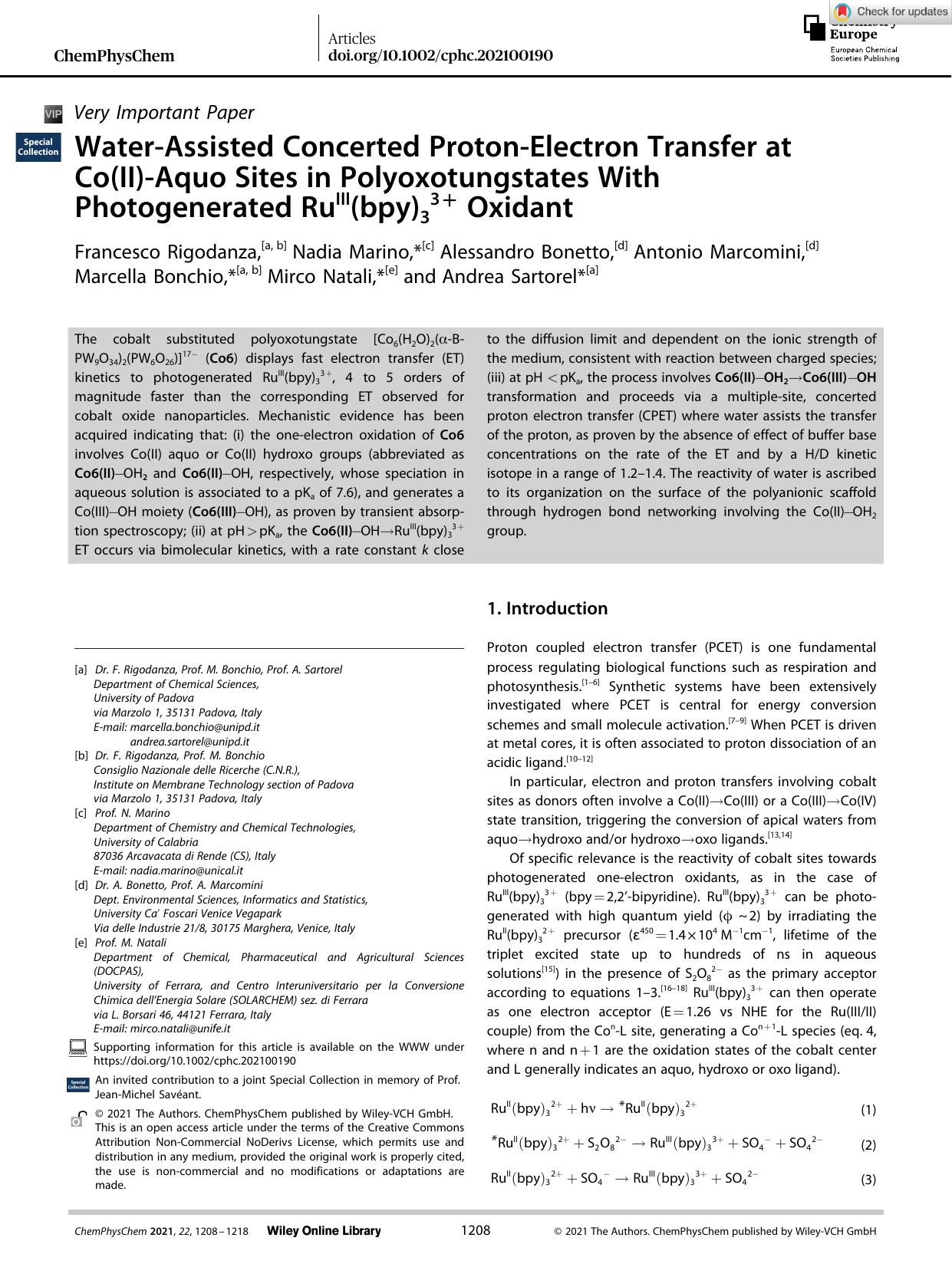 WaterâAssisted Concerted ProtonâElectron Transfer at Co(II)âAquo Sites in Polyoxotungstates With Photogenerated RuIII(bpy)33+ Oxidant by Unknown