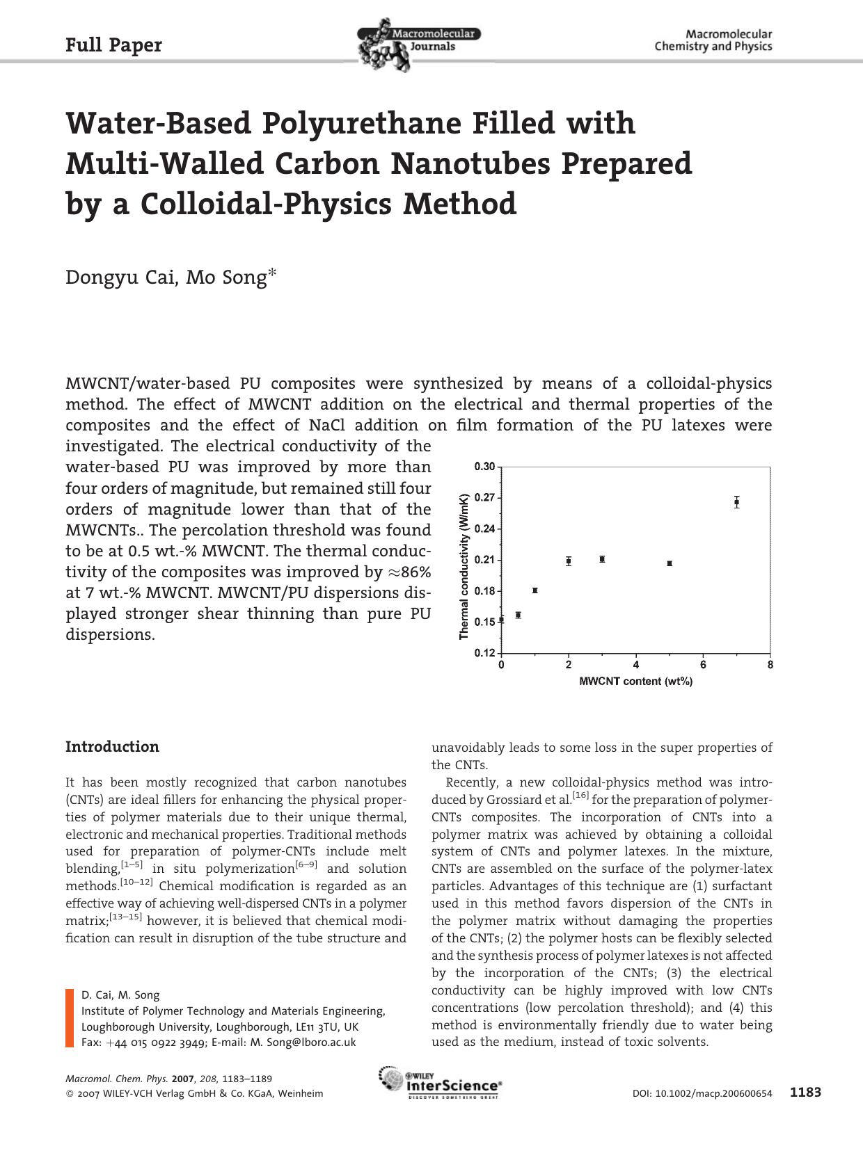 Water-Based Polyurethane Filled with Multi-Walled Carbon Nanotubes Prepared by a Colloidal-Physics Method[squf]Author: This manuscript has been thoroughly edited. Please read the p by Unknown
