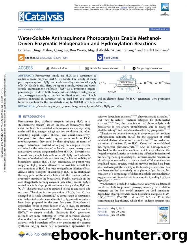 Water-Soluble Anthraquinone Photocatalysts Enable Methanol-Driven Enzymatic Halogenation and Hydroxylation Reactions by Bo Yuan Durga Mahor Qiang Fei Ron Wever Miguel Alcalde Wuyuan Zhang & Frank Hollmann