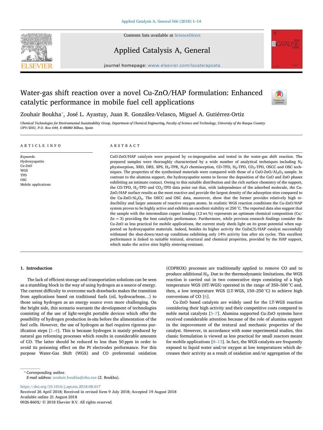 Water-gas shift reaction over a novel Cu-ZnOHAP formulation_ Enhanced catalytic performance in mobile fuel cell applications by Zouhair Boukha & José L. Ayastuy & Juan R. González-Velasco & Miguel A. Gutiérrez-Ortiz