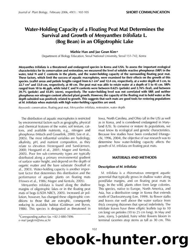 Water-holding capacity of a floating peat mat determines the survival and growth of <Emphasis Type="Italic">Menyanthes trifoliata <Emphasis> L (bog bean) in an oligotrophic lake by Unknown