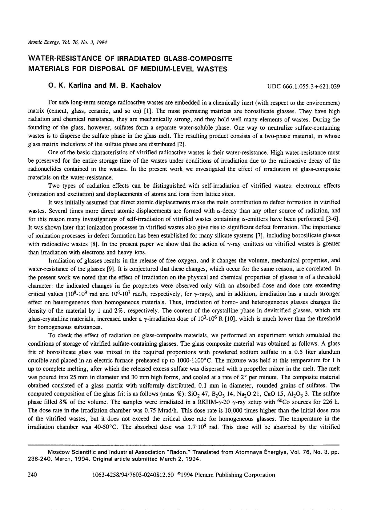 Water-resistance of irradiated glass-composite materials for disposal of medium-level wastes by Unknown