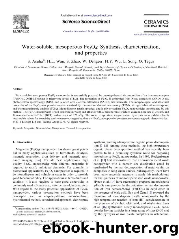 Water-soluble, mesoporous Fe3O4 Synthesis, characterization, and properties by S. Asuha & H.L. Wan & S. Zhao & W. Deligeer & H.Y. Wu & L. Song & O. Tegus