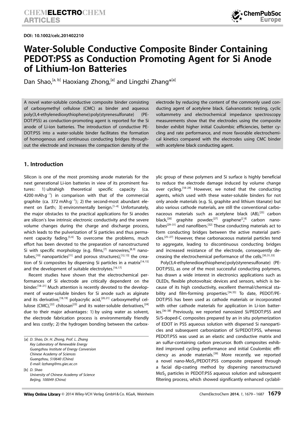 WaterSoluble Conductive Composite Binder Containing PEDOT:PSS as Conduction Promoting Agent for Si Anode of LithiumIon Batteries by Unknown
