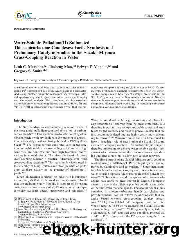 WaterSoluble Palladium(II) Sulfonated Thiosemicarbazone Complexes: Facile Synthesis and Preliminary Catalytic Studies in the SuzukiMiyaura CrossCoupling Reaction in Water by Unknown