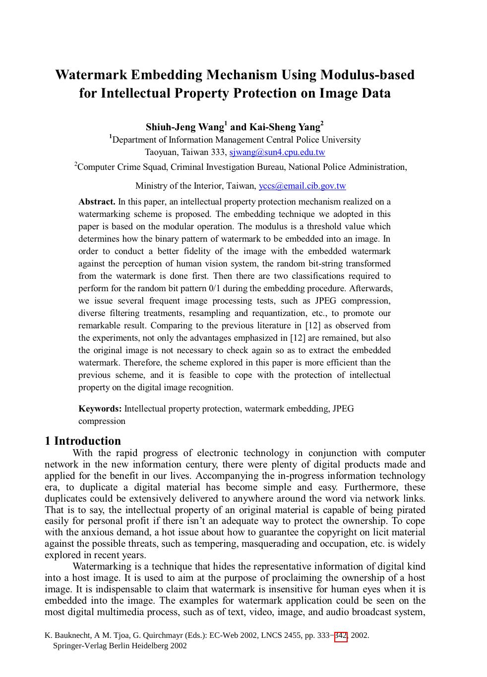 Watermark Embedding Mechanism Using Modulus-based for Intellectual Property Protection on Image Data by Wang Yang