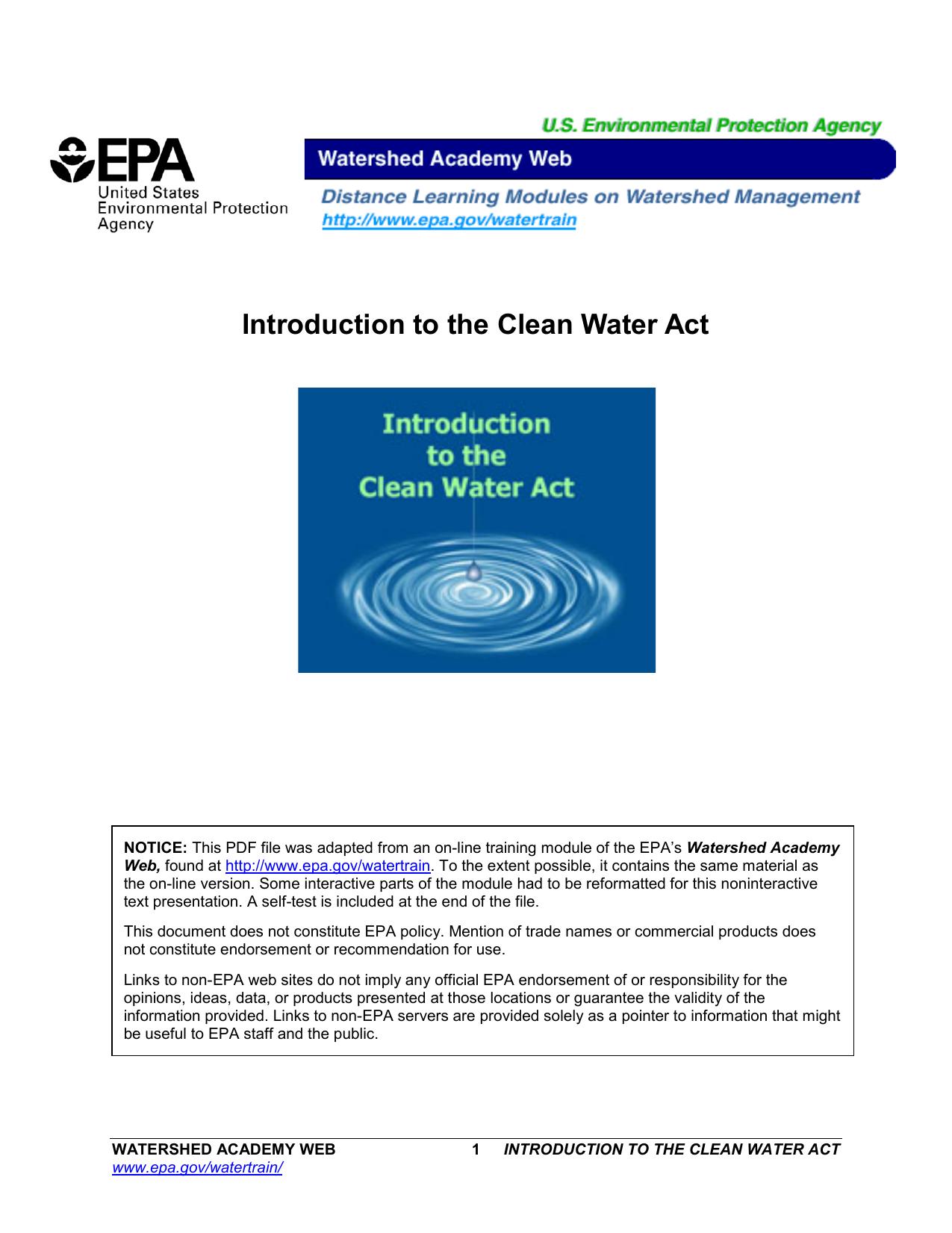 Watershed Academy Web - Introduction to the Clean Water Act by USEPA