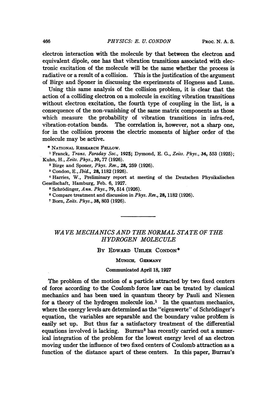 Wave Mechanics and the Normal State of the Hydrogen Molecule by Condon E.U