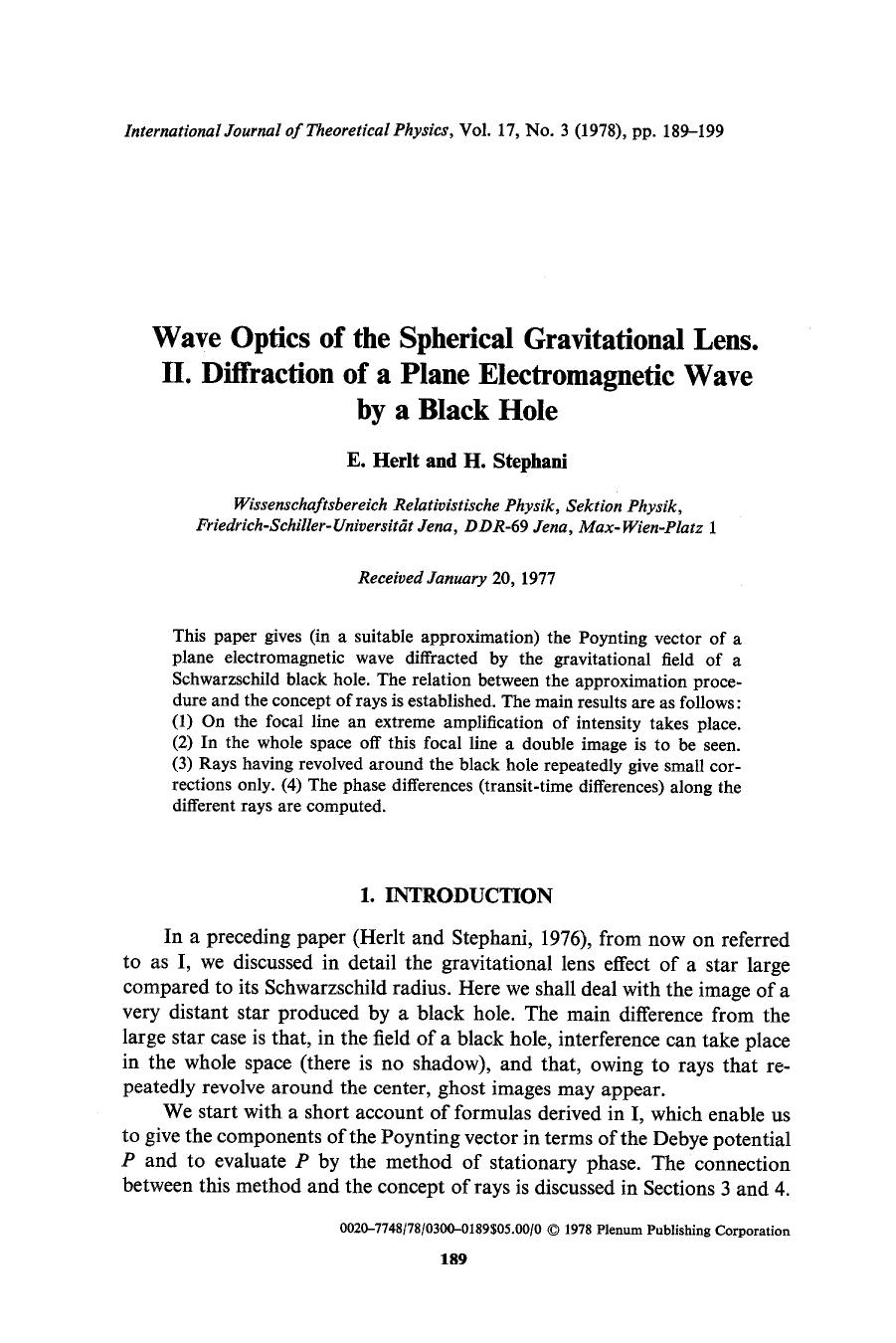 Wave optics of the spherical gravitational lens. II. Diffraction of a plane electromagnetic wave by a black hole by Unknown