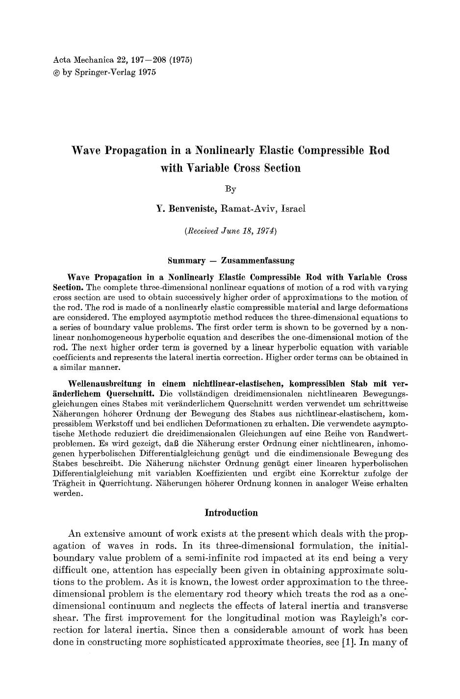 Wave propagation in a nonlinearly elastic compressible rod with variable cross section by Unknown