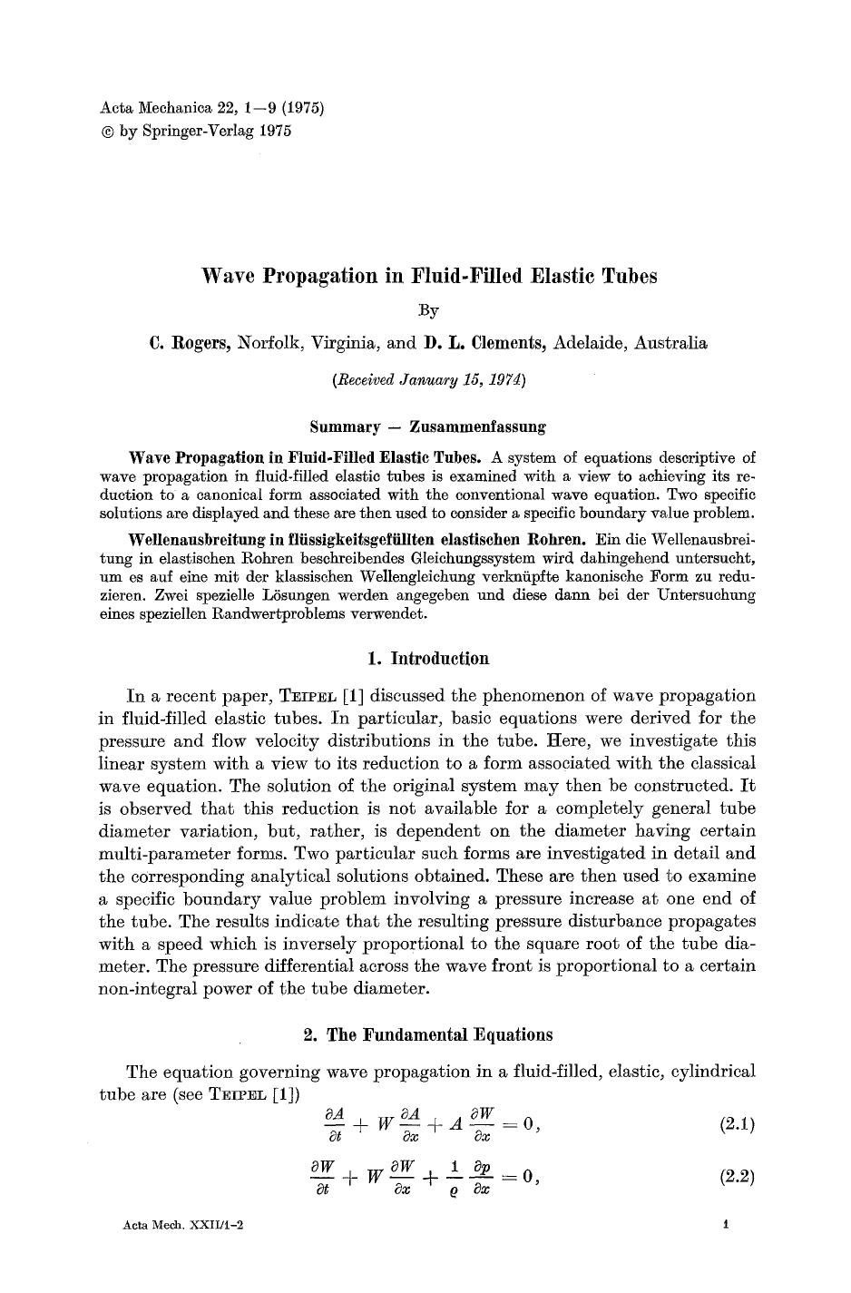 Wave propagation in fluid-filled elastic tubes by Unknown