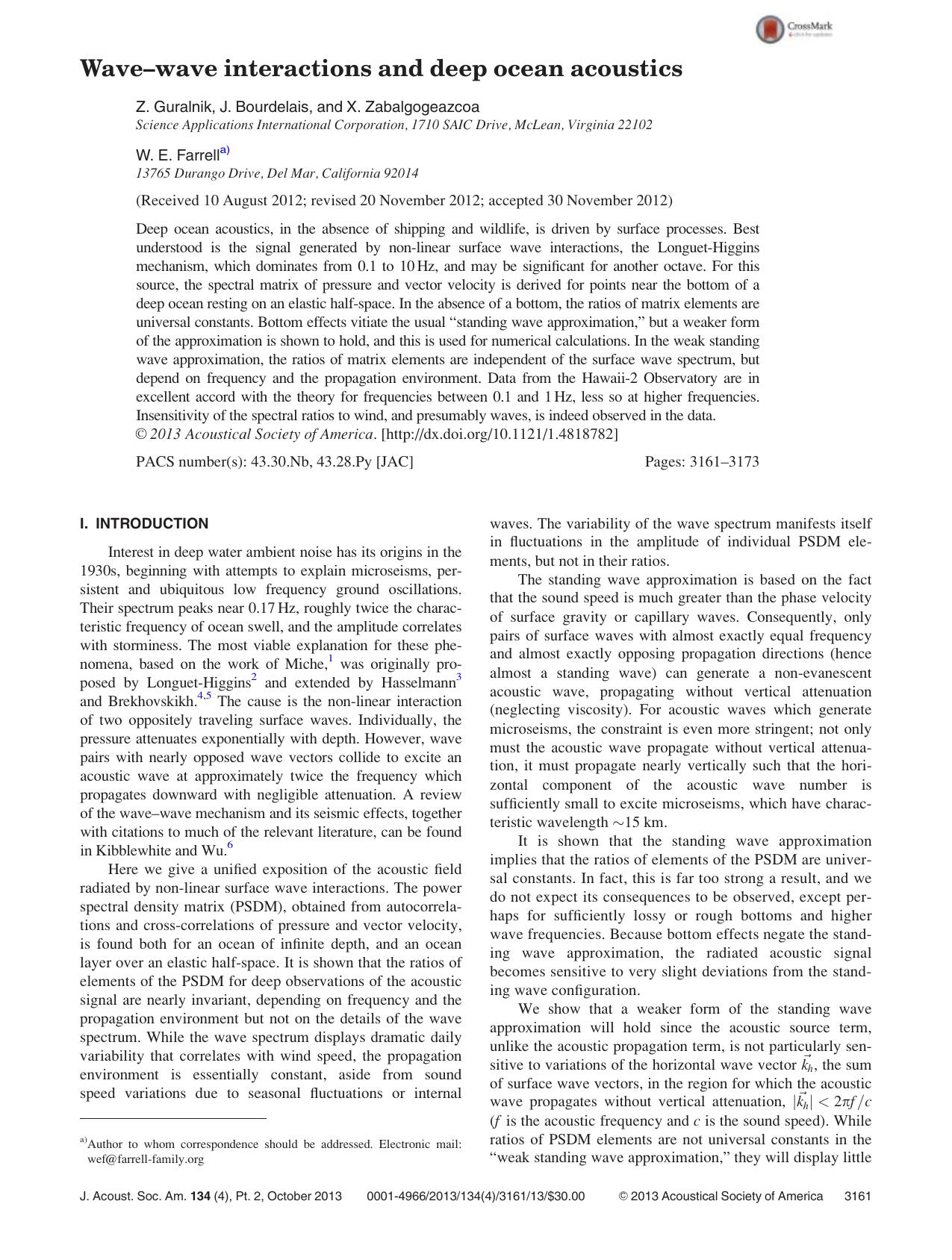 Wave–wave interactions and deep ocean acoustics by Z. Guralnik J. Bourdelais and X. Zabalgogeazcoa and W. E. Farrella)