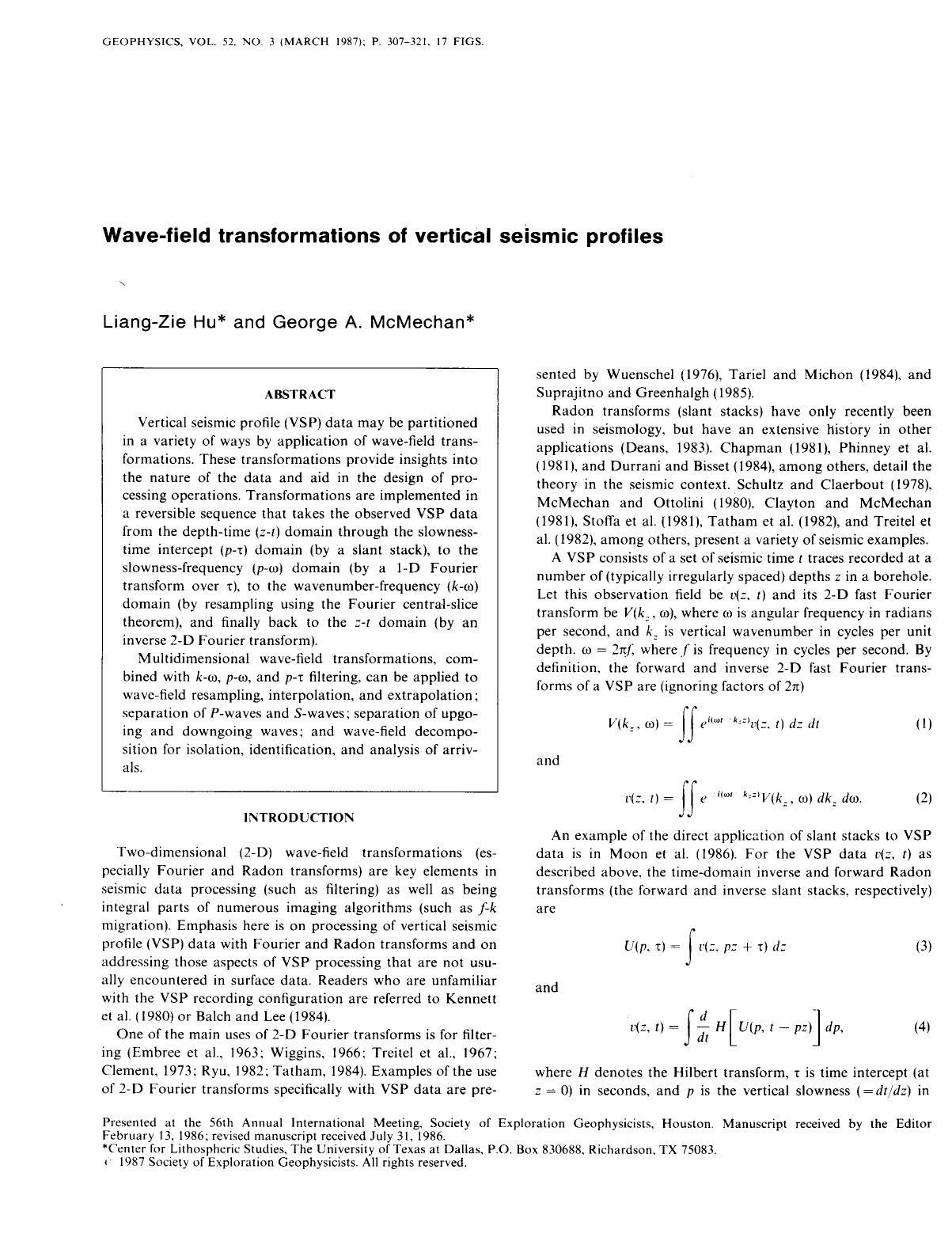 Wave-field transformations of vertical seismic profiles by Hu L. Z.; McMechan G. A