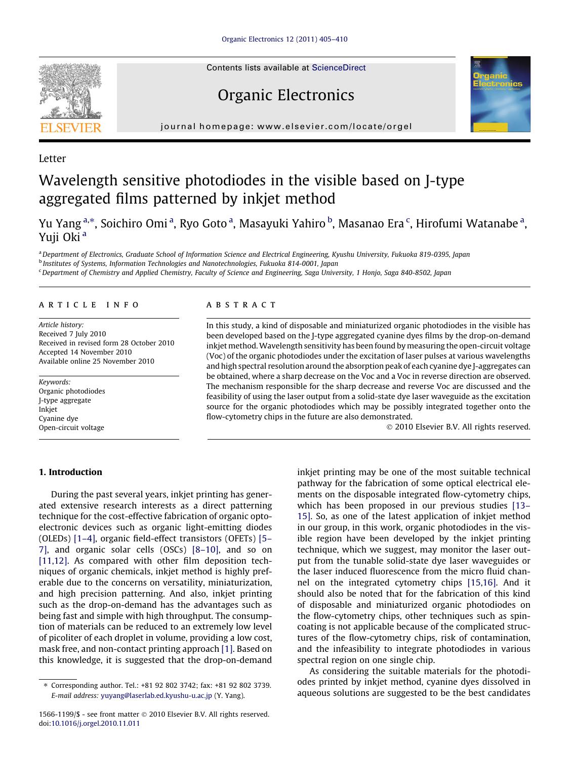 Wavelength sensitive photodiodes in the visible based on J-type aggregated films patterned by inkjet method by Yu Yang & Soichiro Omi & Ryo Goto & Masayuki Yahiro & Masanao Era & Hirofumi Watanabe & Yuji Oki