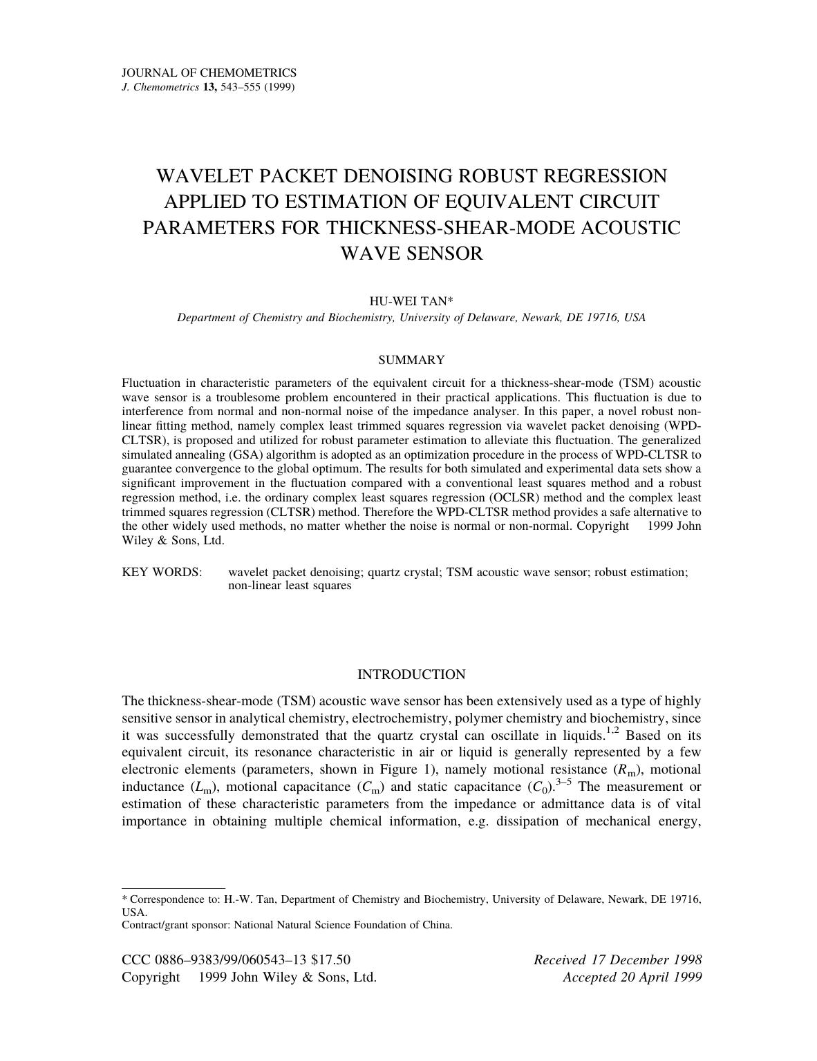 Wavelet packet denoising robust regression applied to estimation of equivalent circuit parameters for thickness-shear-mode acoustic wave sensor by Unknown