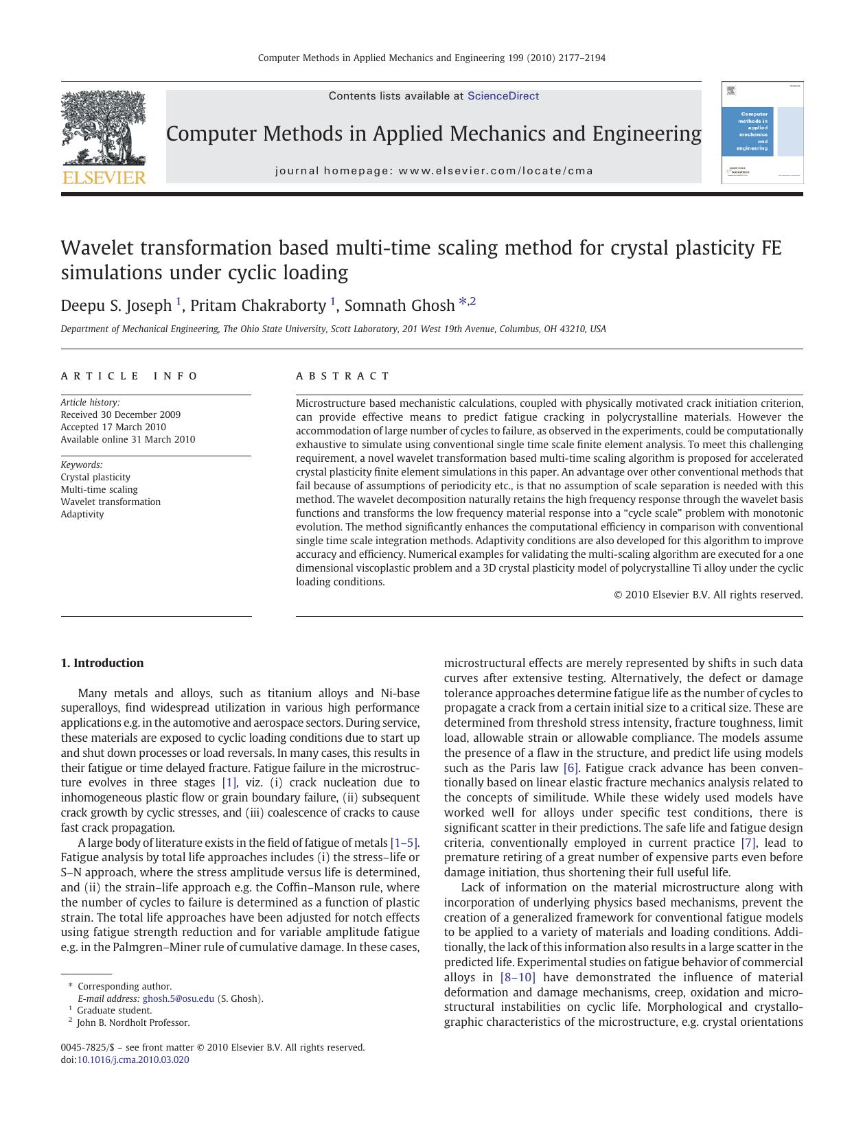 Wavelet transformation based multi-time scaling method for crystal plasticity FE simulations under cyclic loading by Deepu S. Joseph; Pritam Chakraborty; Somnath Ghosh
