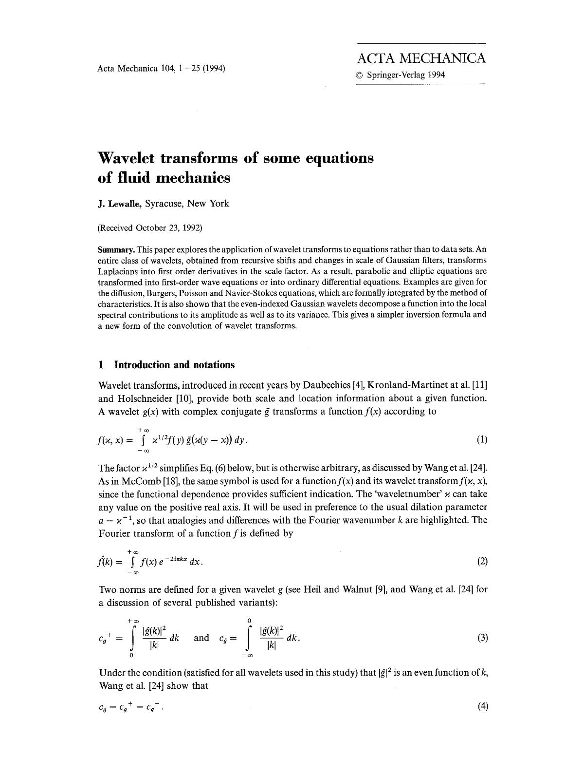 Wavelet transforms of some equations of fluid mechanics by Unknown