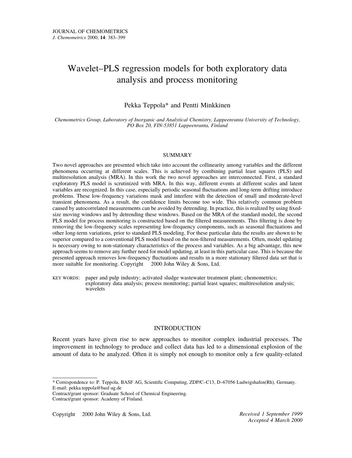 Wavelet-PLS regression models for both exploratory data analysis and process monitoring by Unknown