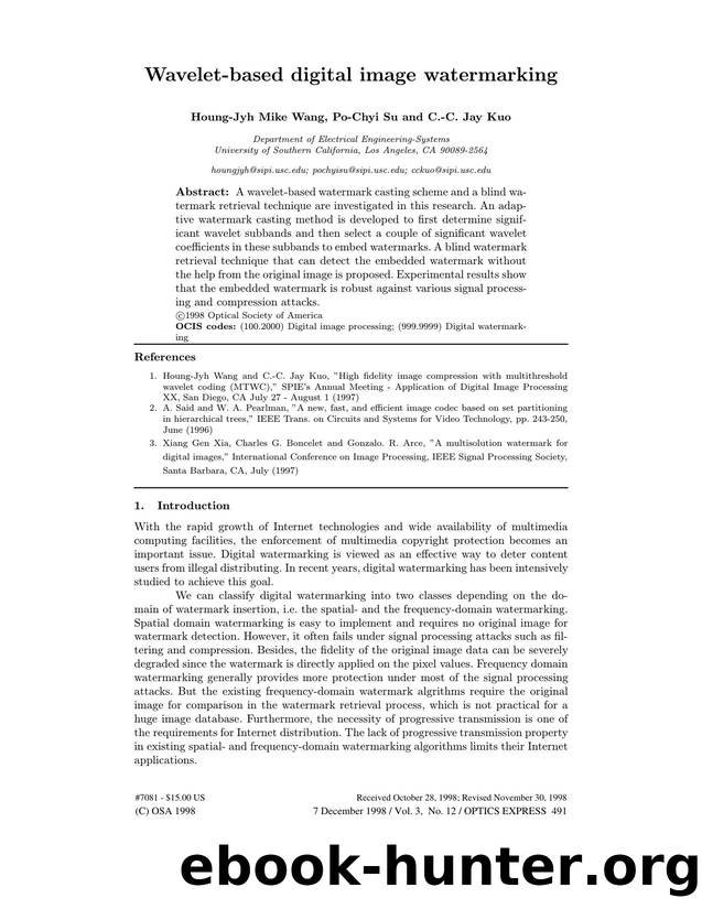 Wavelet-based digital image watermarking by Houng-Jyh Mike Wang Po-Chyi Su & C.-C. Jay Kuo