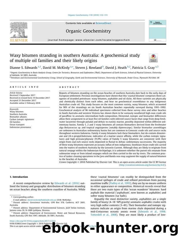 Waxy bitumen stranding in southern Australia: A geochemical study of multiple oil families and their likely origins by Dianne S. Edwards & David M. McKirdy & Steven J. Rowland & David J. Heath & Patricia S. Gray