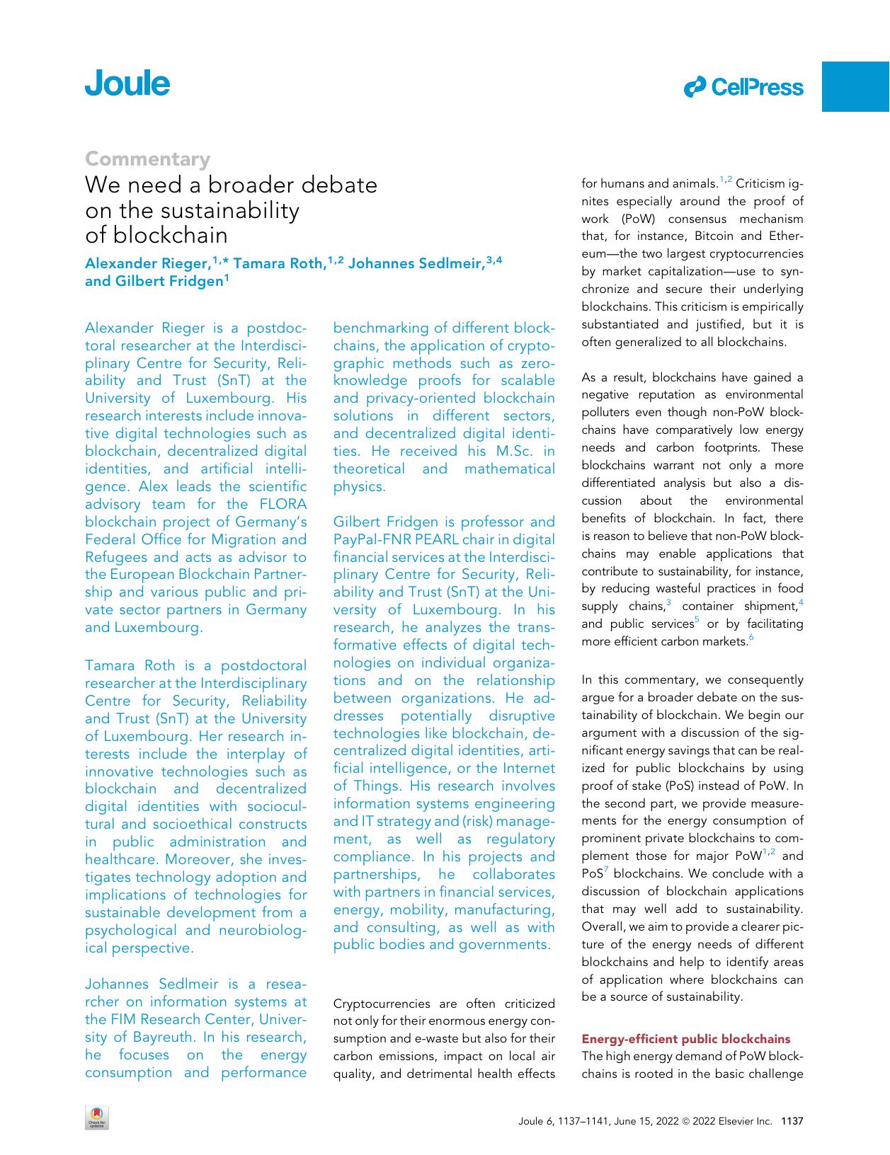 We need a broader debate on the sustainability of blockchain by Alexander Rieger & Tamara Roth & Johannes Sedlmeir & Gilbert Fridgen