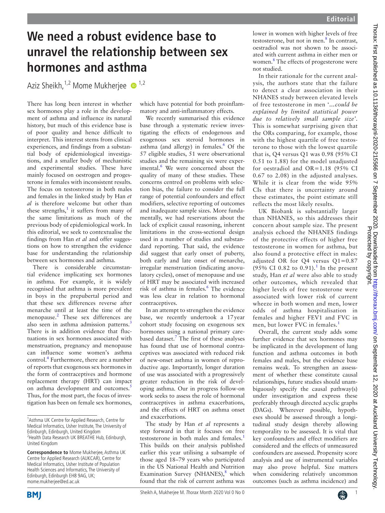 We need a robust evidence base to unravel the relationship between sex hormones and asthma by Unknown