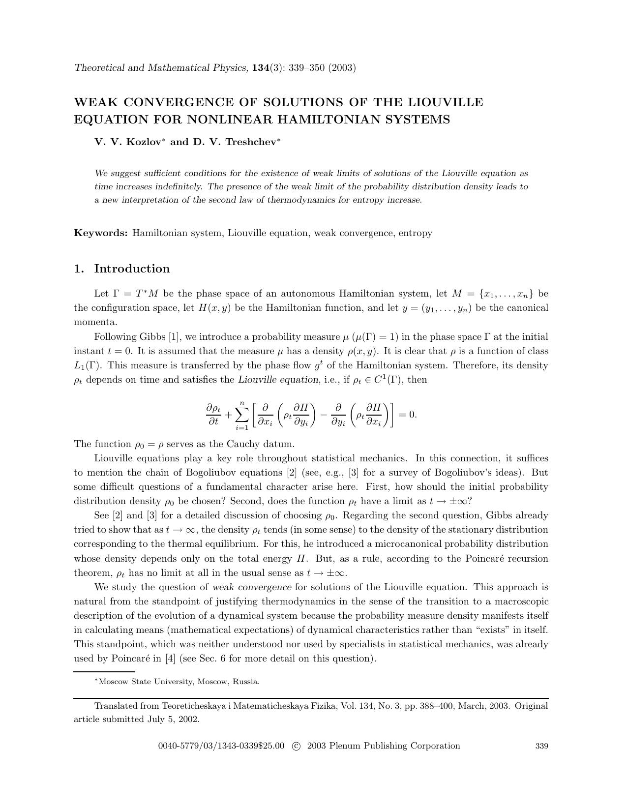 Weak Convergence of Solutions of the Liouville Equation for Nonlinear Hamiltonian Systems by Unknown