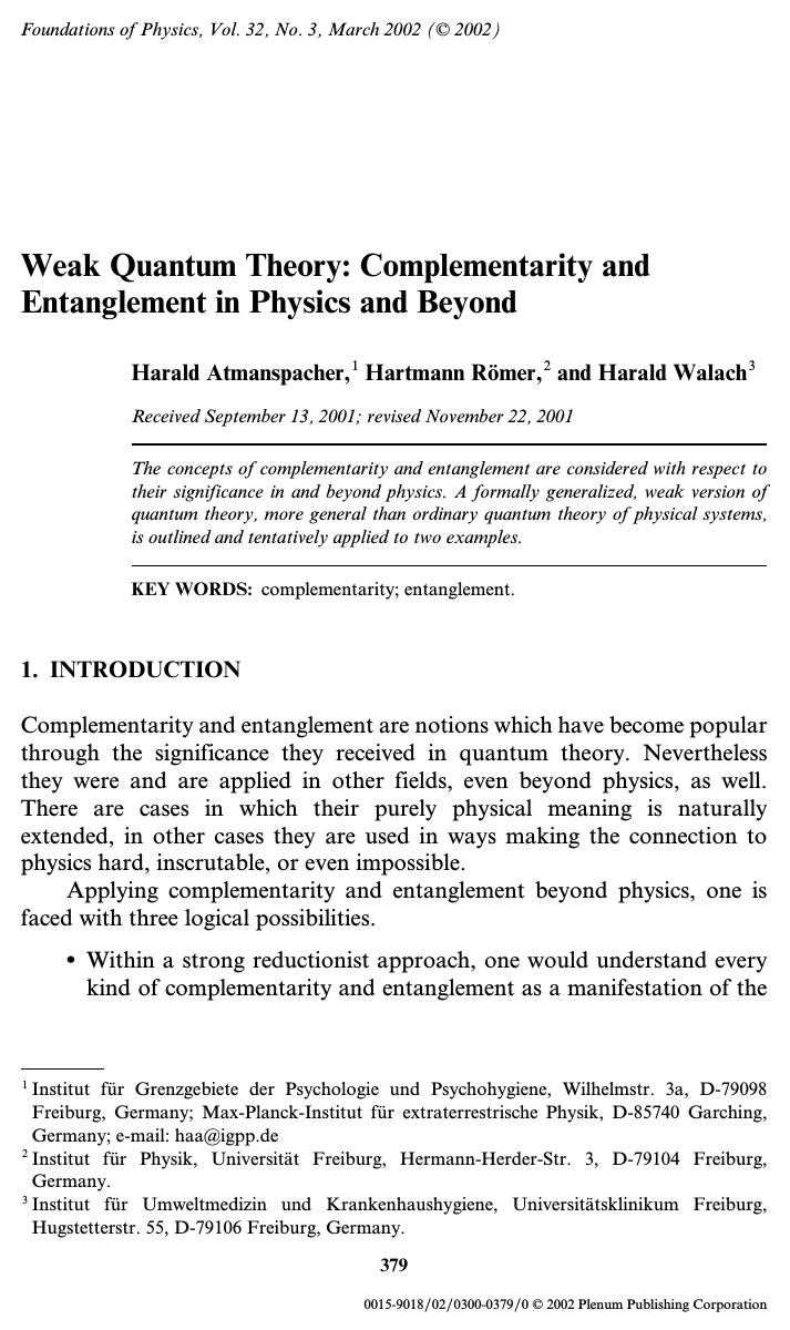 Weak Quantum Theory: Complementarity and Entanglement in Physics and Beyond by Unknown