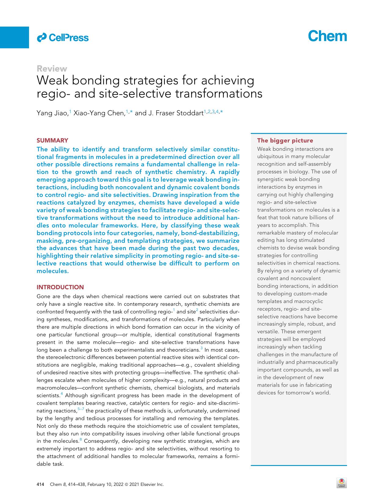 Weak bonding strategies for achieving regio- and site-selective transformations by Yang Jiao & Xiao-Yang Chen & J. Fraser Stoddart