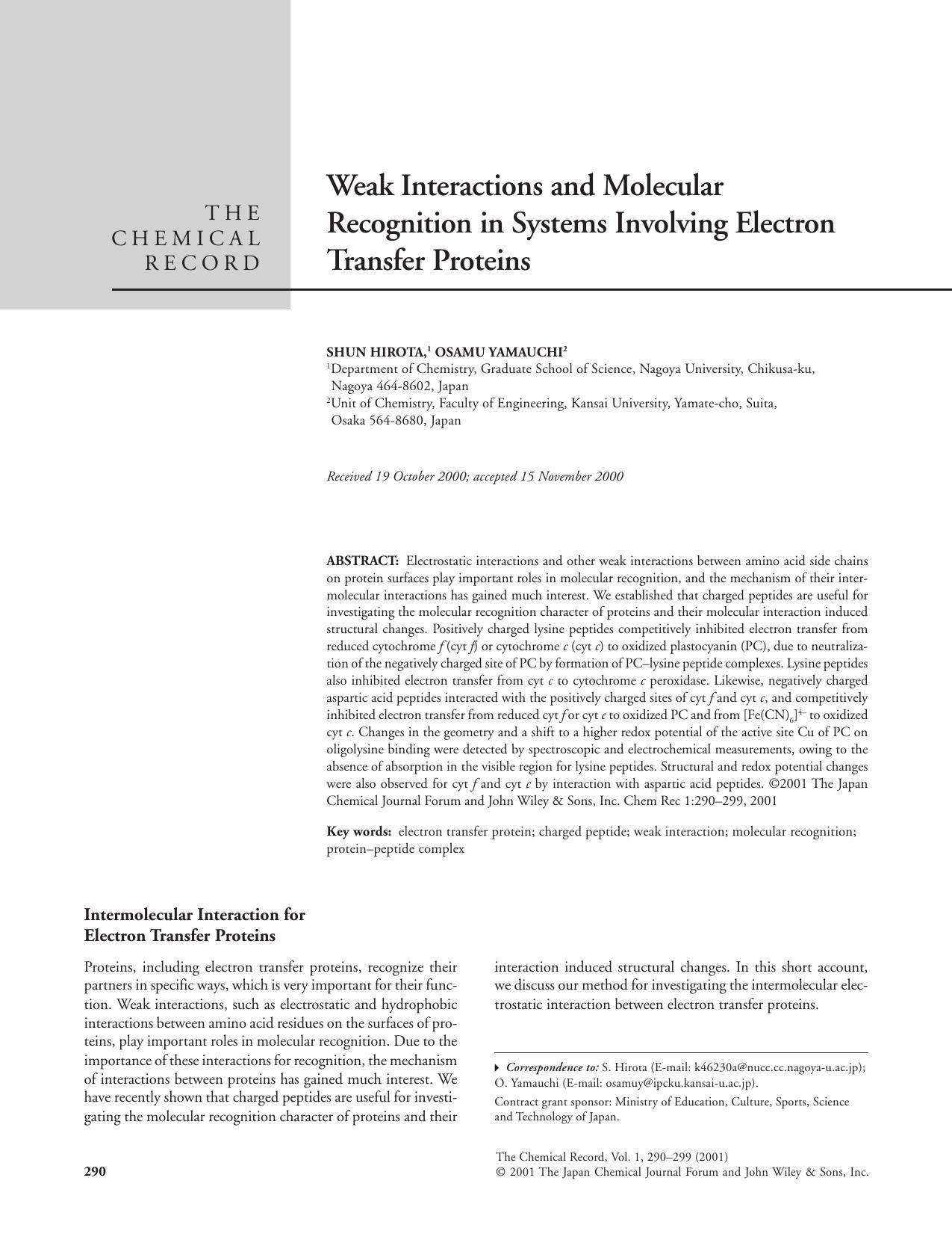 Weak interactions and molecular recognition in systems involving electron transfer proteins by Harold