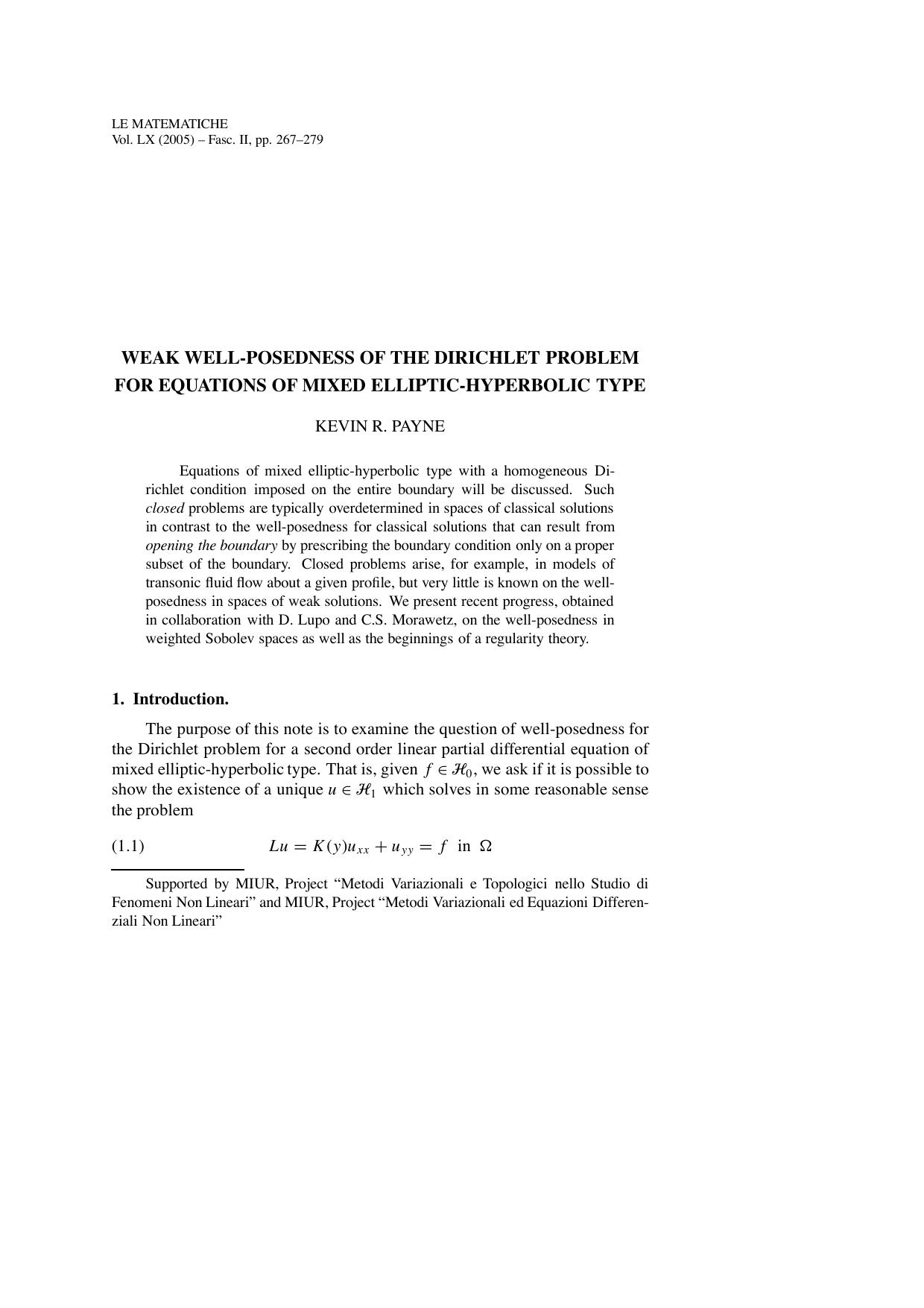 Weak well-posedness of the dirichlet problem for equations of mixed elliptic-hyperbolic type by Payne K.R