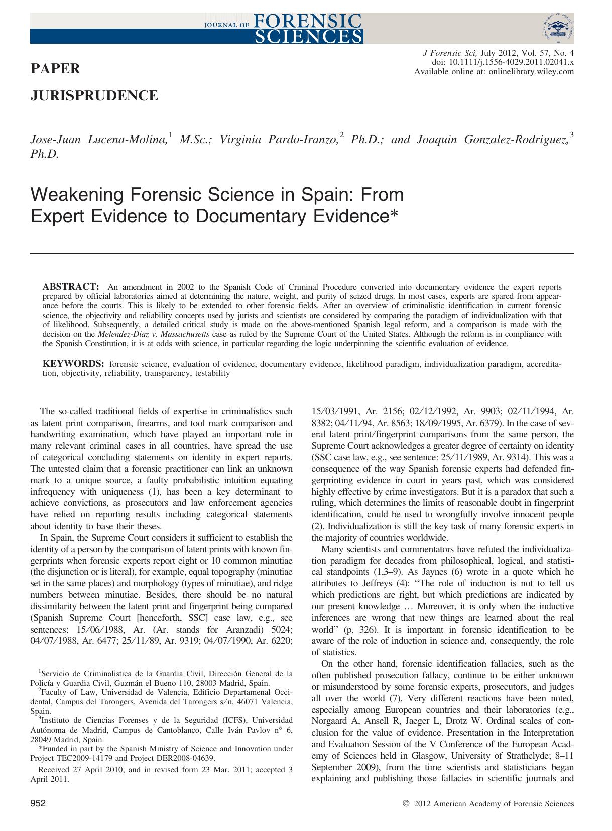 Weakening Forensic Science in Spain: From Expert Evidence to Documentary Evidence by Unknown