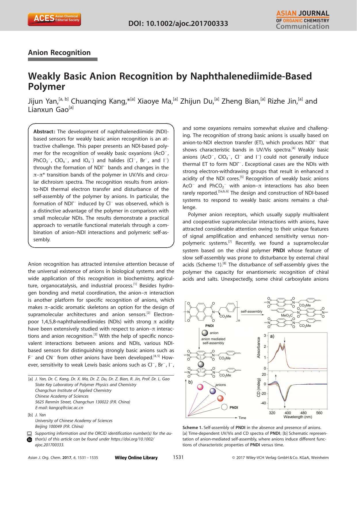 Weakly Basic Anion Recognition by NaphthalenediimideâBased Polymer by Unknown