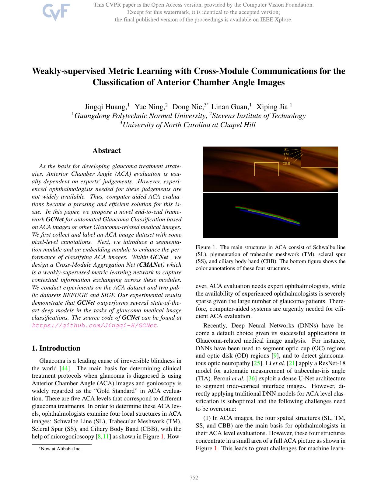 Weakly-Supervised Metric Learning With Cross-Module Communications for the Classification of Anterior Chamber Angle Images by Jingqi Huang & Yue Ning & Dong Nie & Linan Guan & Xiping Jia