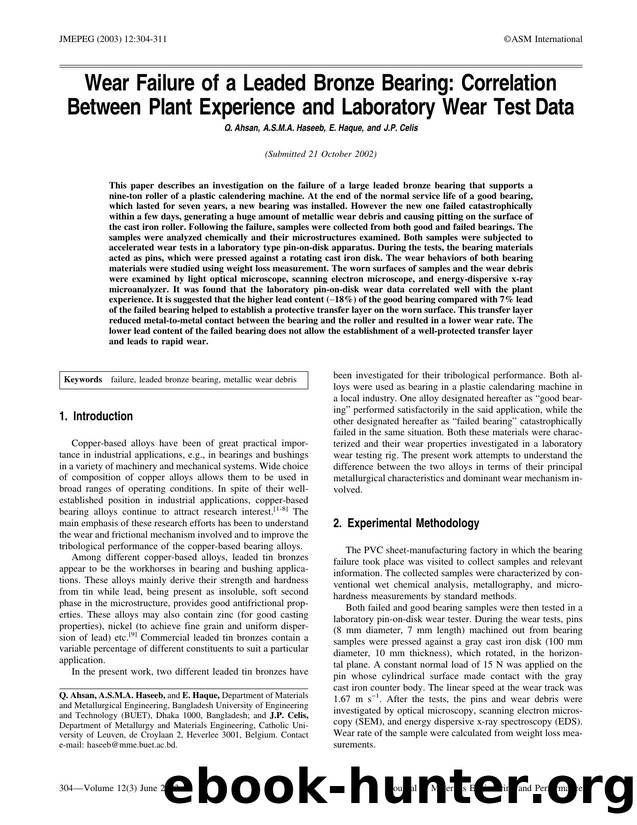 Wear failure of a leaded bronze bearing: Correlation between plant experience and laboratory wear test data by Unknown