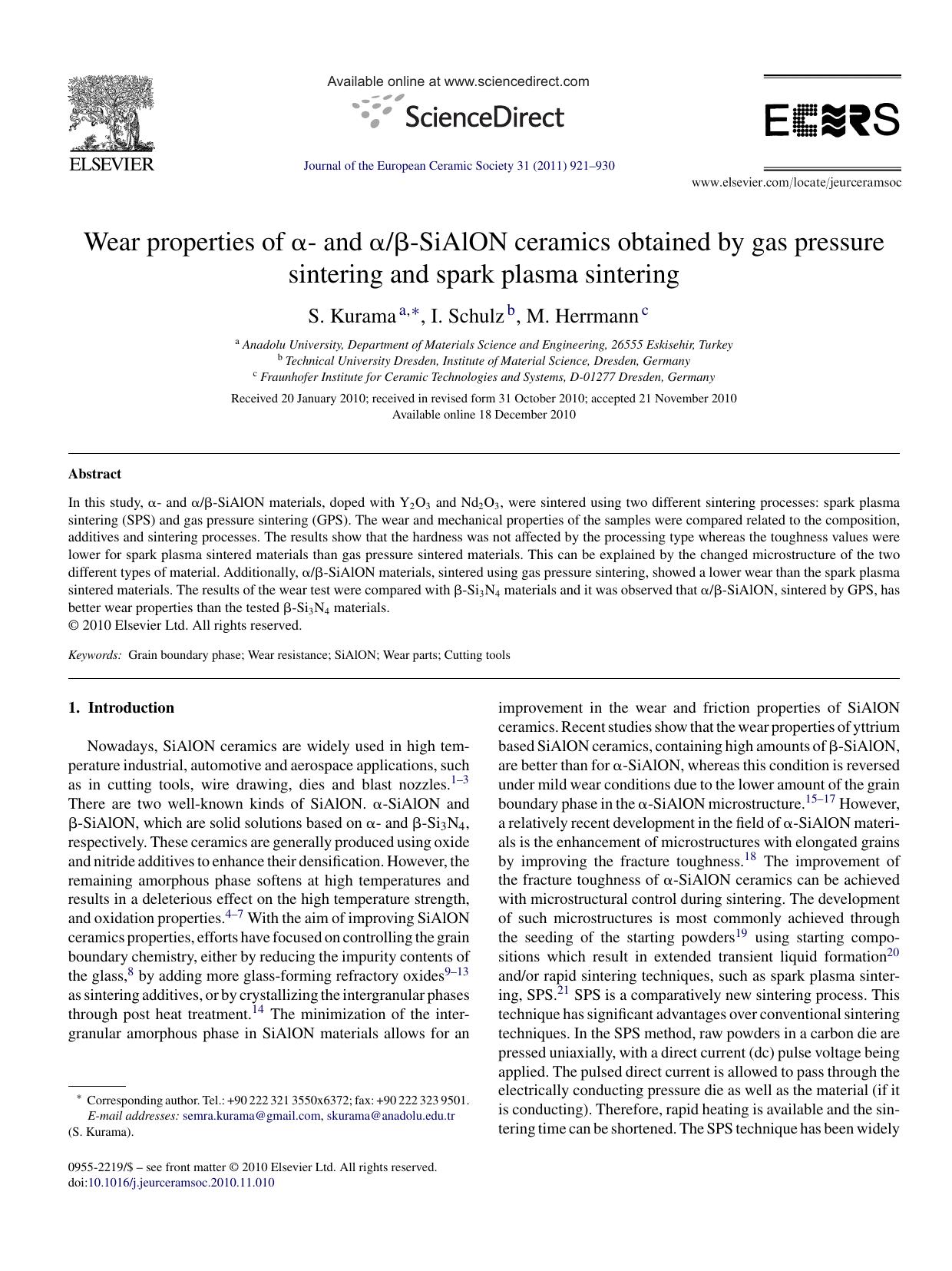 Wear properties of ÃÂ±- and ÃÂ±ÃÂ²-SiAlON ceramics obtained by gas pressure sintering and spark plasma sintering by S. Kurama
