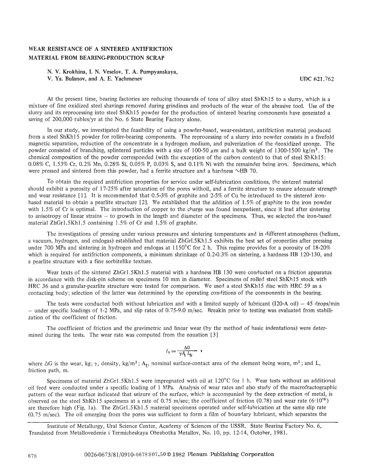 Wear resistance of a sintered antifriction material from bearing-production scrap by Unknown