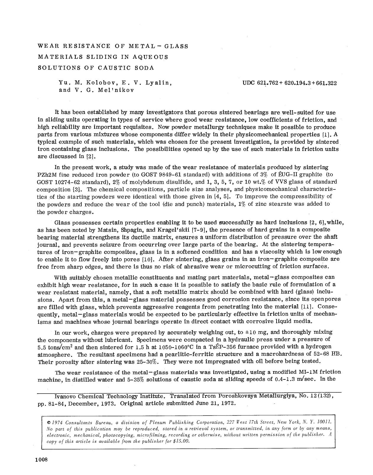 Wear resistance of metal-glass materials sliding in aqueous solutions of caustic soda by Unknown