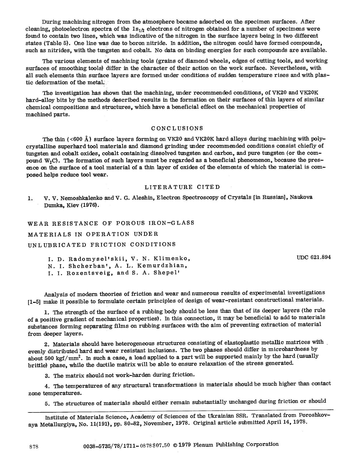 Wear resistance of porous iron-glass materials in operation under unlubricated friction conditions by Unknown