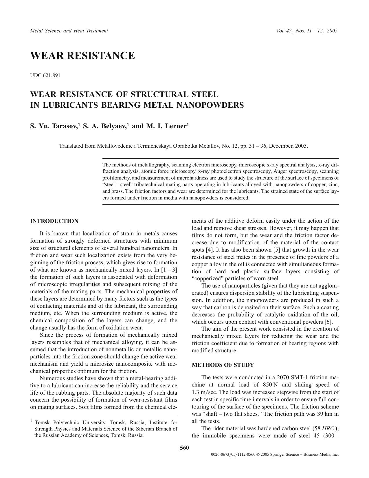 Wear resistance of structural steel in lubricants bearing metal nanopowders by Unknown