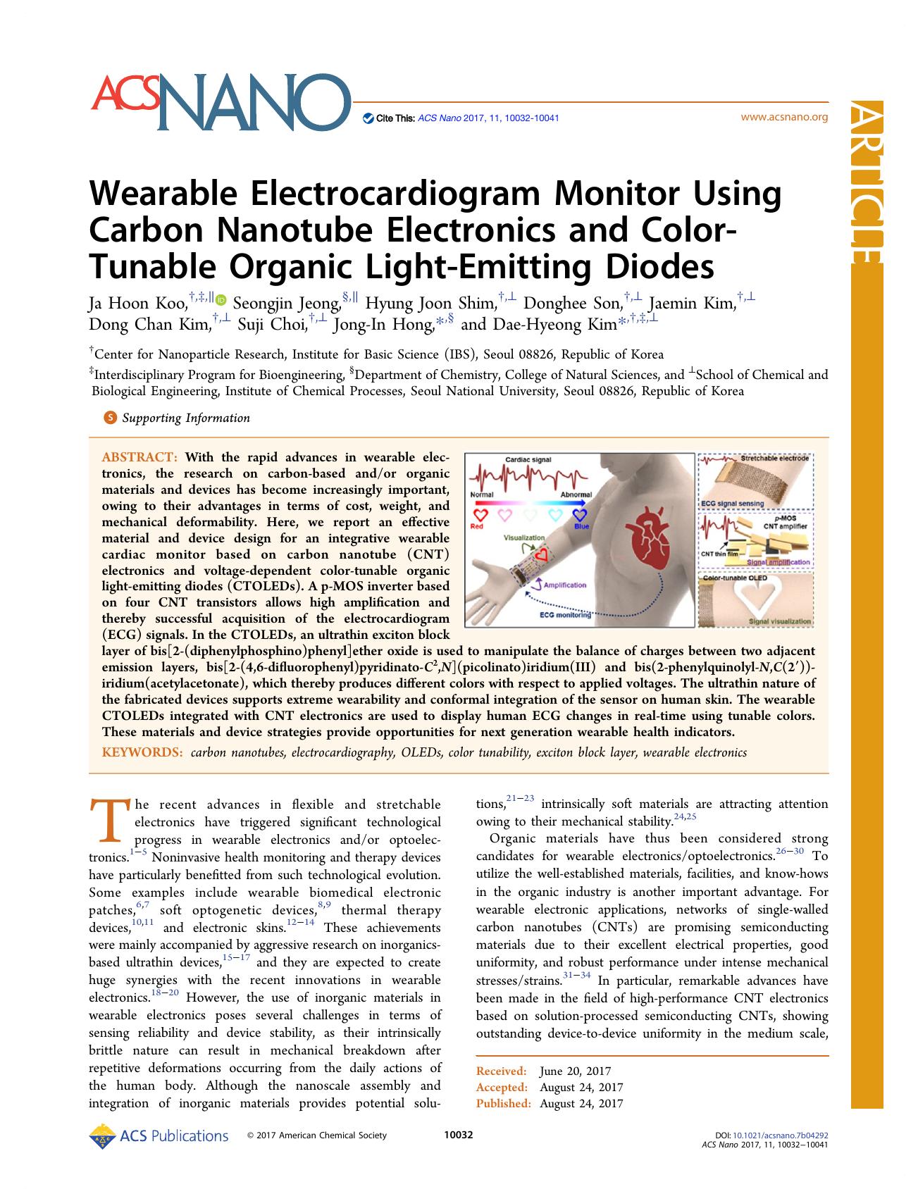 Wearable Electrocardiogram Monitor Using Carbon Nanotube Electronics and Color-Tunable Organic Light-Emitting Diodes by unknow