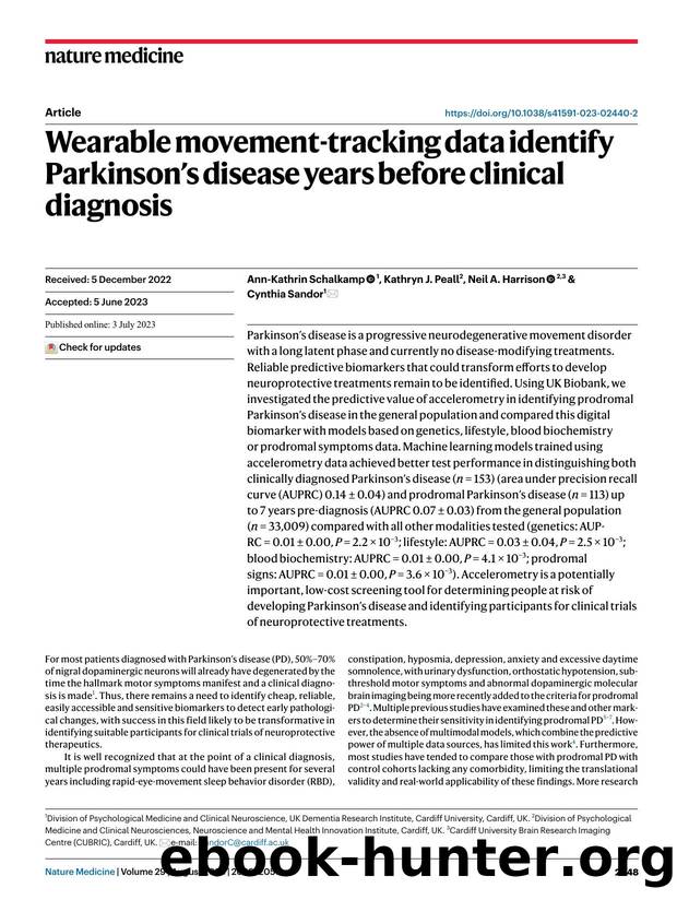 Wearable movement-tracking data identify Parkinsonâs disease years before clinical diagnosis by Ann-Kathrin Schalkamp & Kathryn J. Peall & Neil A. Harrison & Cynthia Sandor