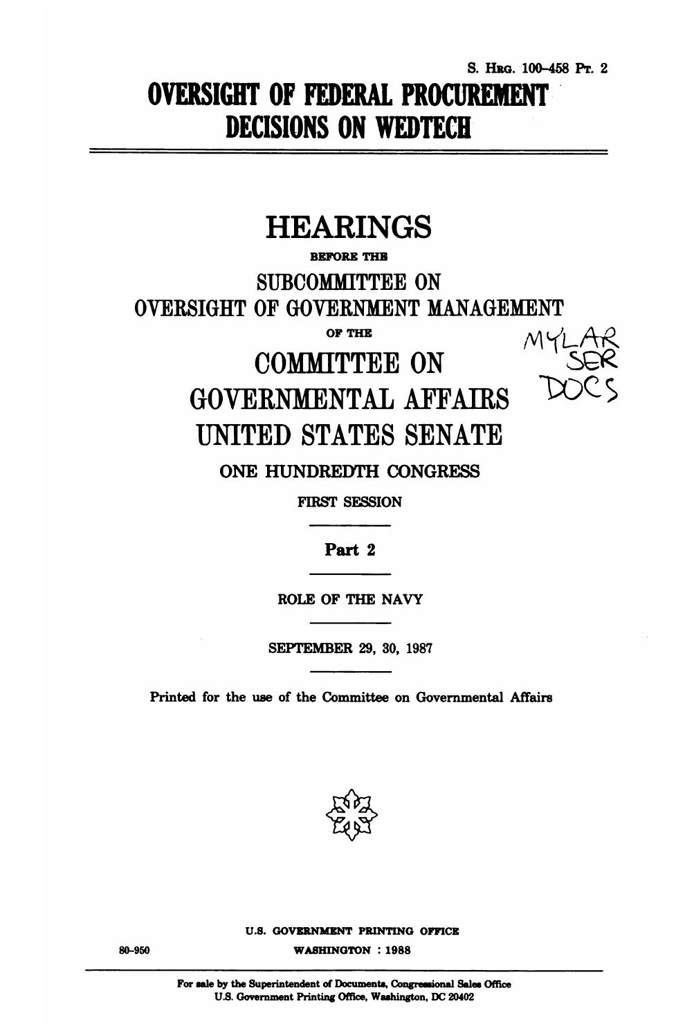 Wedtech Hearings part 2 Role of the Navy by United States